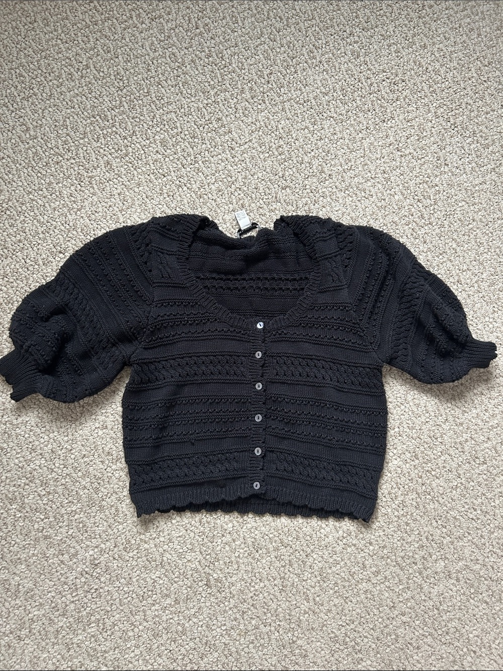 Autumn Cashmere Black Cropped Button-Front Cardigan with Puff Sleeves